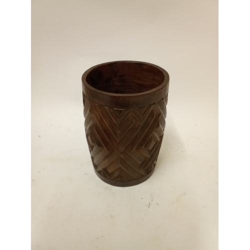 186 - Interesting Hand carved hardwood tribal drinking vessel 14cm high dated 1960 sylv Kalonji