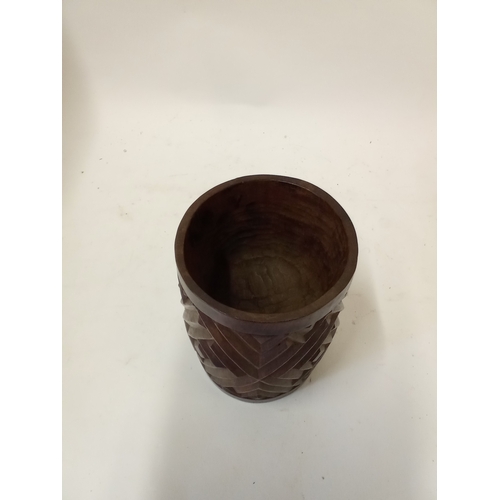 186 - Interesting Hand carved hardwood tribal drinking vessel 14cm high dated 1960 sylv Kalonji