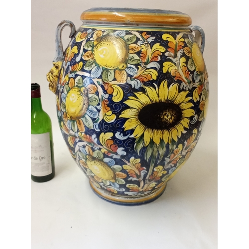 192 - Large Vintage Hand Painted Earthenware / Majolica  Jar Hand painted sunflowers and lemons with two l... 