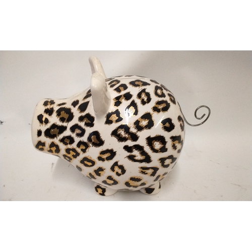 38 - Large Salt and Pepper Oink piggy bank finished in leopard print design, 21cm high x 28cm long