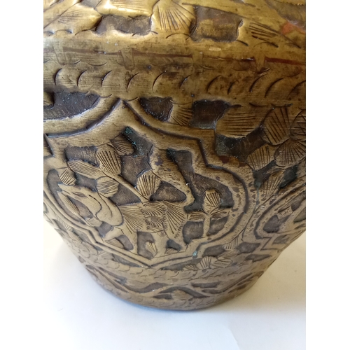 193 - Antique brass Islamic jardiniere impressed with mythical beasts 37cm