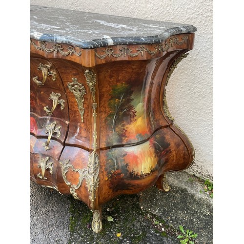 47 - Four Drawer Bomb Commode With Hand Painted Decoration The  Marble Top Needs Attention.