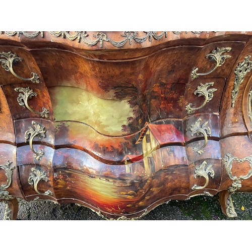 47 - Four Drawer Bomb Commode With Hand Painted Decoration The  Marble Top Needs Attention.