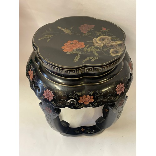 40 - Chinese Black Lacquered Wood Table With Floral Decoration. 45 x 47 cms