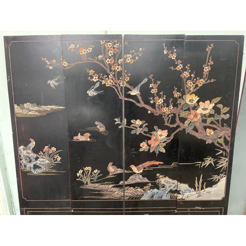 42 - Chinese Four Panel Room Divider / Screen With Bird And Floral Decoration. (Please Note No Hinges ) 1... 