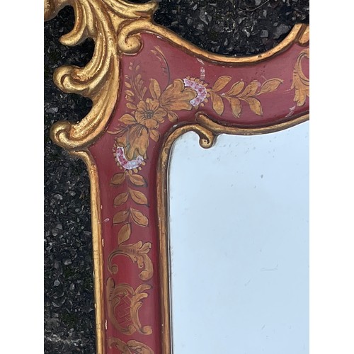 43 - Vintage Red Chinoiserie Style Wall Hanging Mirror With Oriental Decoration. 116 x 72 cms