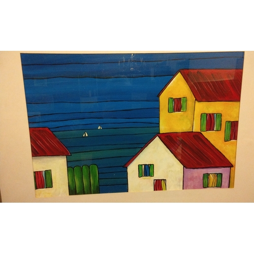 611 - Framed and Glazed Acrylic of houses by the sea by Gaetano Sabella, 79cm x 65cm