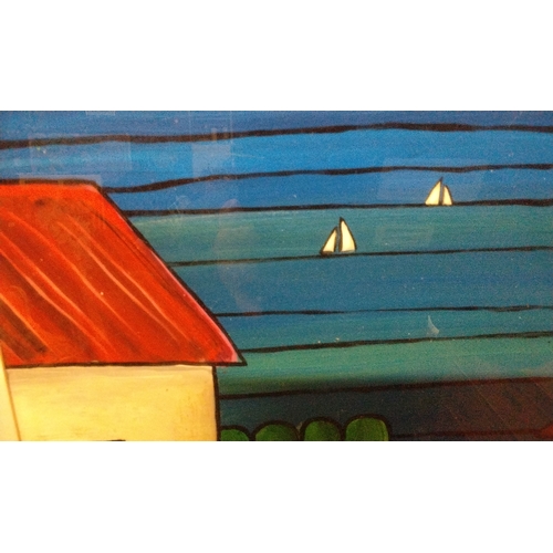 611 - Framed and Glazed Acrylic of houses by the sea by Gaetano Sabella, 79cm x 65cm