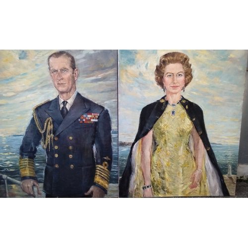 612 - Pair of portrait Paintings by Angela Thorne 1976, H M Queen Elizabeth and Prince Phillip, 102cm x 13... 