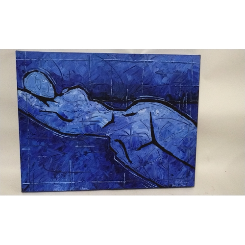 66 - Oil/Acrylic on canvas stuck to board, Abstract Reclining nude in blue, signed lower right and dated ... 