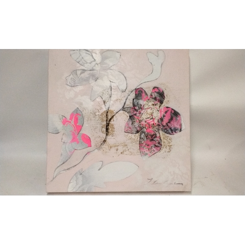 67 - Mixed media pink floral picture signed lower right, 50cm x 50cm