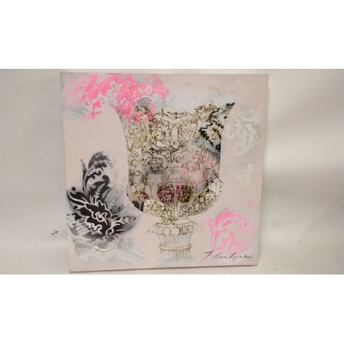 68 - Mixed media pink and black picture of an Urn signed lower right, 50cm x 50cm