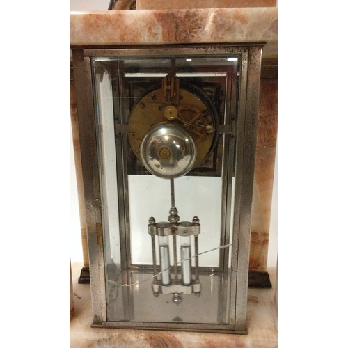 613 - Art Deco Clock, 4 glass clock with mercury pendulum with key and full working order. Chimes on the h... 