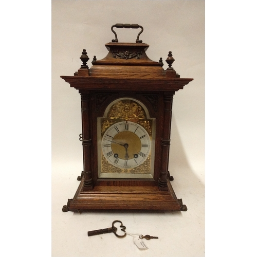 614 - German Lenzkirch Bracket /Mantle clock in working order 40cm high x 28cm wide x 20cm deep. Oak case ... 