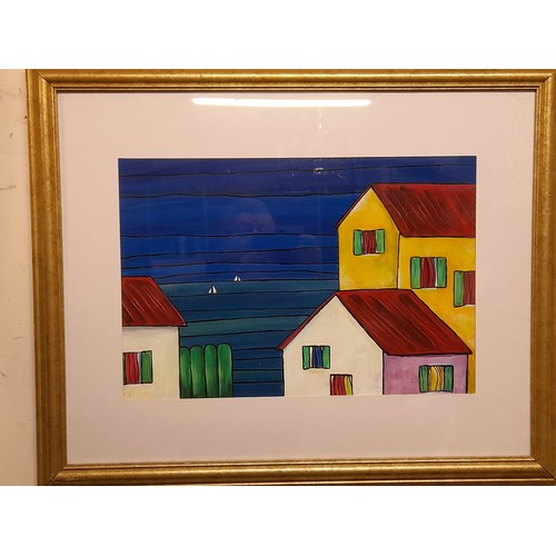 611 - Framed and Glazed Acrylic of houses by the sea by Gaetano Sabella, 79cm x 65cm