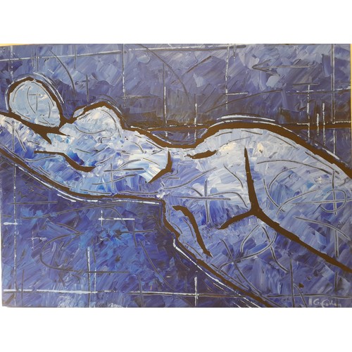 66 - Oil/Acrylic on canvas stuck to board, Abstract Reclining nude in blue, signed lower right and dated ... 