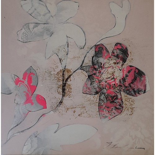 67 - Mixed media pink floral picture signed lower right, 50cm x 50cm