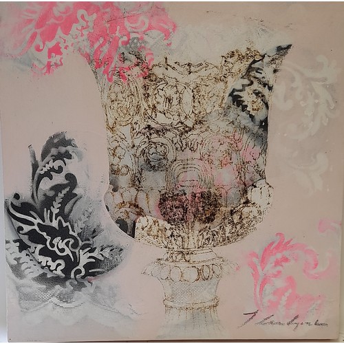 68 - Mixed media pink and black picture of an Urn signed lower right, 50cm x 50cm