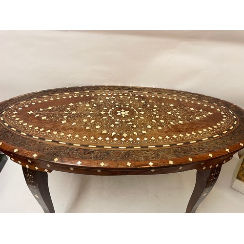 54 - Vintage Anglo Indian Oval Coffee Table With Inlay. 91 x 48 x 45 cms