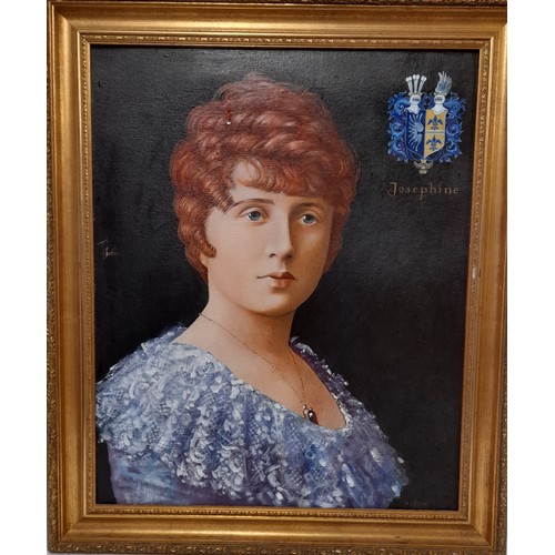 312A - Framed Oil on Board of a Lady Josephine  and Coat of Arms, 60cm x 72cm. Signed Lower right 'HOGGAR'