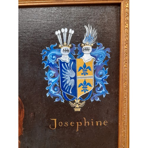 312A - Framed Oil on Board of a Lady Josephine  and Coat of Arms, 60cm x 72cm. Signed Lower right 'HOGGAR'