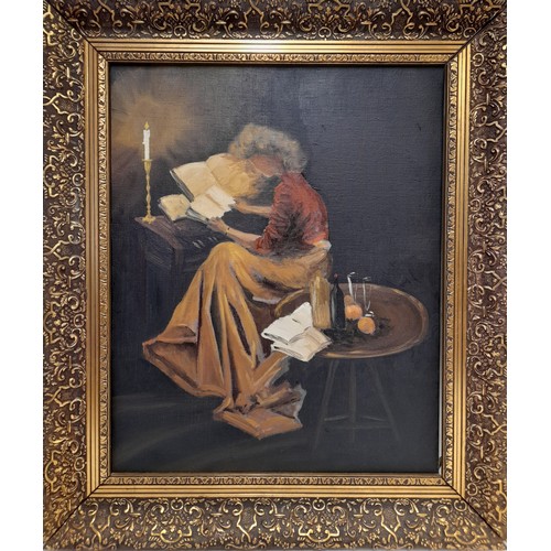 312B - Unsigned Framed oil on canvas of a lady reading by candle light, 51cm x 61cm