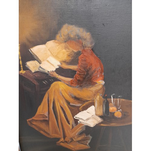 312B - Unsigned Framed oil on canvas of a lady reading by candle light, 51cm x 61cm