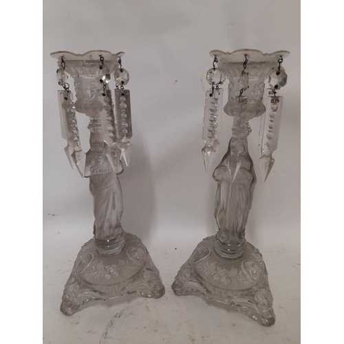 662 - Pair of Religious Glass Candle sticks with Lustres, 30cm high