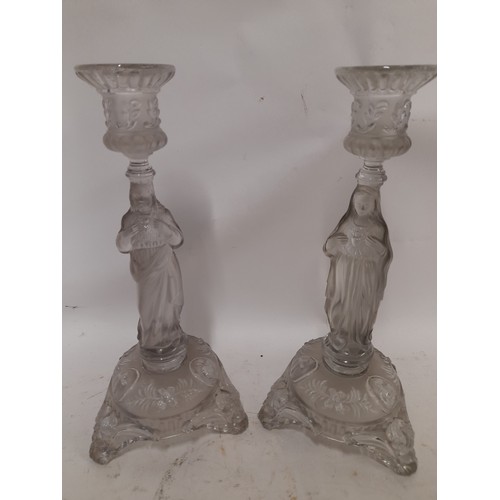 662 - Pair of Religious Glass Candle sticks with Lustres, 30cm high