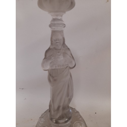 662 - Pair of Religious Glass Candle sticks with Lustres, 30cm high