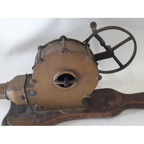 669 - Vintage Mechanical Brass Bellows mounted on wooden plynth, 62cm long