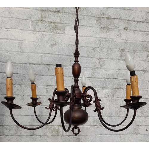 674 - Continental brass chandelier 6 branch, 57cm high x 77cm wide