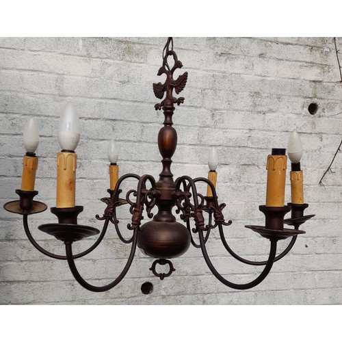 674 - Continental brass chandelier 6 branch, 57cm high x 77cm wide