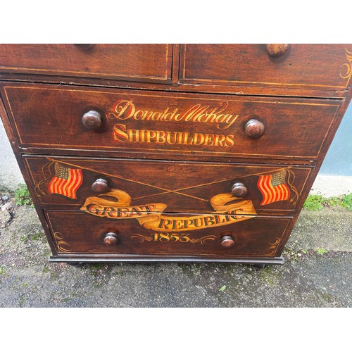 1A - Vintage Painted Nautical Themed Captains Chest Of Drawers With The Clipper Sail Ship Painted To The ... 