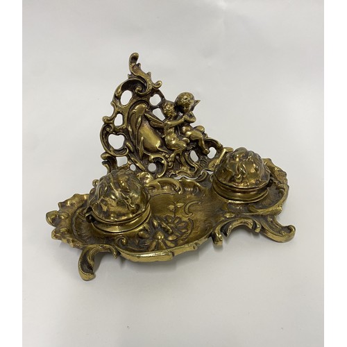 310 - Ornate Brass Cherub Design Double Inkwell 28cm x 17cm x 15cm