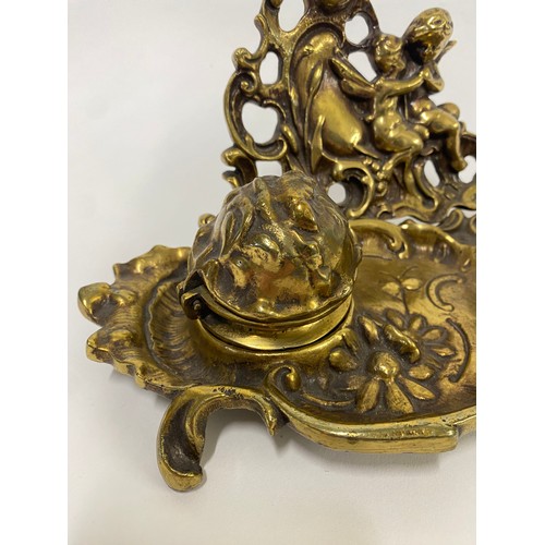 310 - Ornate Brass Cherub Design Double Inkwell 28cm x 17cm x 15cm