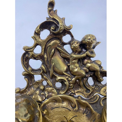 310 - Ornate Brass Cherub Design Double Inkwell 28cm x 17cm x 15cm