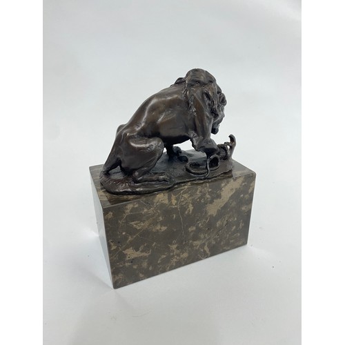 7 - Bronze  Lion Figure Raised on Marbled Base With Signature. 16cm x 12cm x 7cm