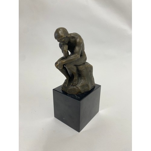 18 - Bronze Garanti Paris Figure of a Seated Man Deep in Thought Engraved Rodin, Raised on Marbled Block.... 