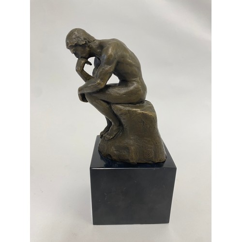 18 - Bronze Garanti Paris Figure of a Seated Man Deep in Thought Engraved Rodin, Raised on Marbled Block.... 