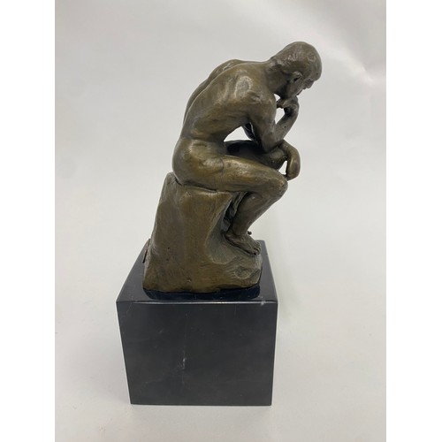 18 - Bronze Garanti Paris Figure of a Seated Man Deep in Thought Engraved Rodin, Raised on Marbled Block.... 