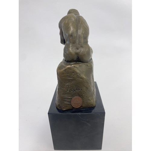 18 - Bronze Garanti Paris Figure of a Seated Man Deep in Thought Engraved Rodin, Raised on Marbled Block.... 