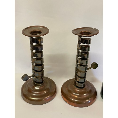 41 - Pair Of Vintage Copper And Brass Ejector Spiral Candlesticks.  21 cms (2)