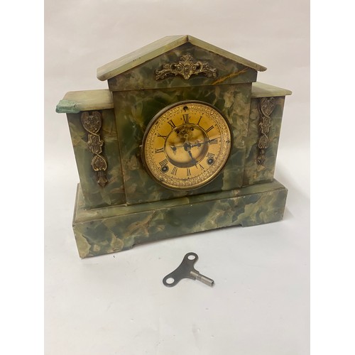 295 - Vintage Green Marble Statement Mantle Clock. 34cm x 29cm x 12cm