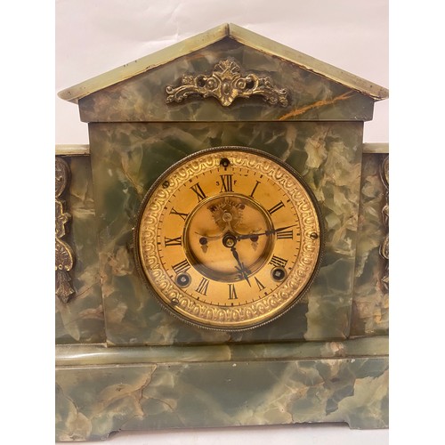 295 - Vintage Green Marble Statement Mantle Clock. 34cm x 29cm x 12cm