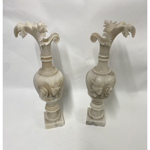 168 - Pair of Alabaster Ewers with Floral Design 44cm Height