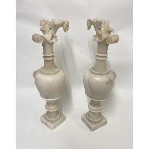 168 - Pair of Alabaster Ewers with Floral Design 44cm Height