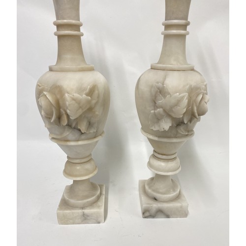 168 - Pair of Alabaster Ewers with Floral Design 44cm Height