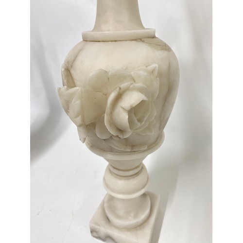 168 - Pair of Alabaster Ewers with Floral Design 44cm Height