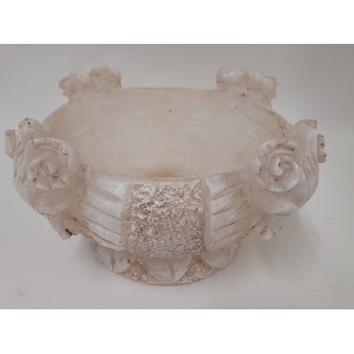 23 - Carved Alabaster Bowl, Signed to base, 24cm dia x 13cm high